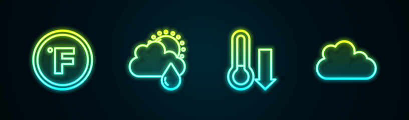 Set line Fahrenheit, Cloud with rain and sun, Meteorology thermometer and . Glowing neon icon. Vector