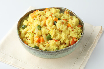 Upma made of samolina or rava upma, most famous south indian breakfast  also known  Rava Kichadi  as Sooji Kichadi is vegetarian breakfast dish.
