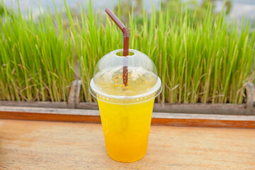 Refreshing Lemon Soda Water in a plastic Cup 