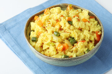 Upma made of samolina or rava upma, most famous south indian breakfast  also known  Rava Kichadi  as Sooji Kichadi is vegetarian breakfast dish.
