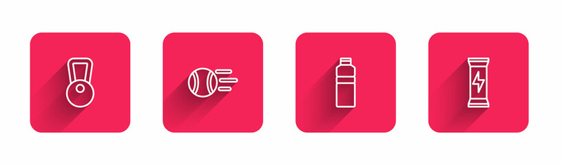 Set line Kettlebell, Tennis ball, Fitness shaker and Sports nutrition with long shadow. Red square button. Vector
