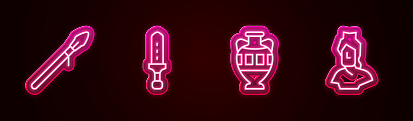 Set line Medieval spear, sword, Ancient amphorae and bust sculpture. Glowing neon icon. Vector