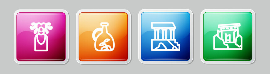 Set line Medusa Gorgon, Bottle of olive oil, Parthenon and Ancient ruins. Colorful square button. Vector