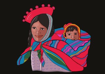  Illustration of an Andean mother woman carrying her child, wearing characteristic Peruvian costumes from Cusco - Peruvian culture
