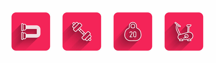Set line Chest expander, Dumbbell, Kettlebell and Stationary bicycle with long shadow. Red square button. Vector