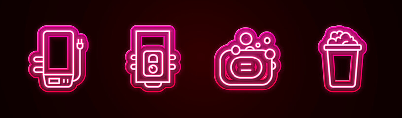 Set line Electric boiler, Gas, Bar of soap and Bucket with suds. Glowing neon icon. Vector