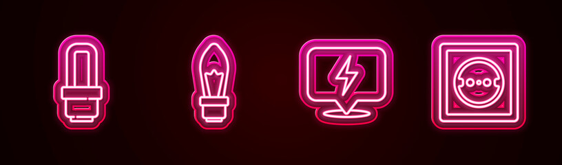 Set line LED light bulb, Light, Lightning bolt and Electrical outlet. Glowing neon icon. Vector