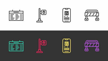Set line Train station board, Cafe and restaurant location, E-ticket train and Road barrier on black and white. Vector