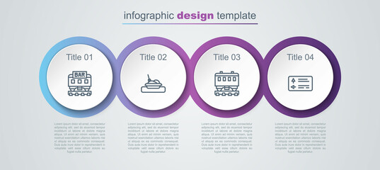 Set line Restaurant train, Plate with food, Passenger cars and Road traffic signpost. Business infographic template. Vector