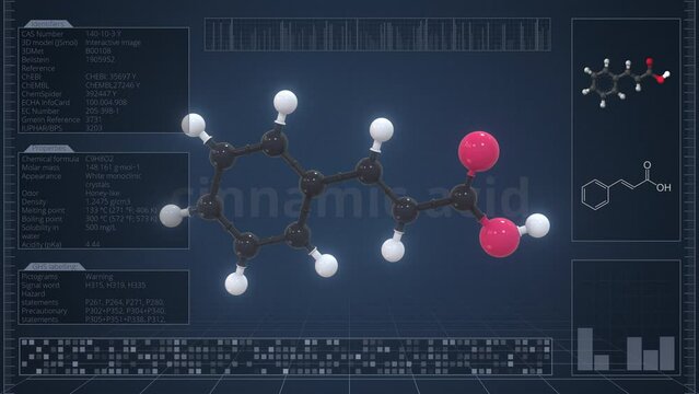 Overview of the molecule of cinnamic acid on the computer screen. Loopable 3d animation