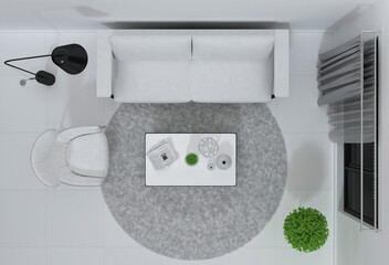 top view of interior living room. 3D render
