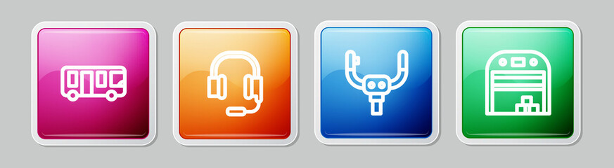 Set line Airport bus, Headphones with microphone, Aircraft steering helm and hangar. Colorful square button. Vector