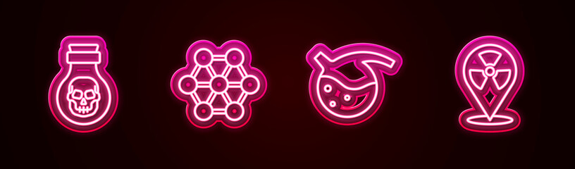 Set line Poison in bottle, Molecule, Test tube and flask and Radioactive location. Glowing neon icon. Vector