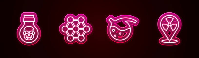 Obraz premium Set line Poison in bottle, Molecule, Test tube and flask and Radioactive location. Glowing neon icon. Vector