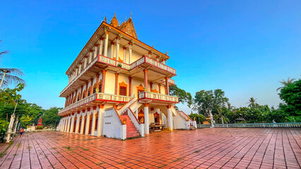 18 April 2022, Stupa at Wat Tang Kork, a pagoda in two floors, Wat Taing Kork, Kampong Thom Province, 50's architecture. Located Tang Kork District, Kampong Thom Province, Cambodia.