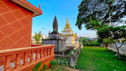 18 April 2022, Stupa at Wat Tang Kork, a pagoda in two floors, Wat Taing Kork, Kampong Thom Province, 50's architecture. Located Tang Kork District, Kampong Thom Province, Cambodia.