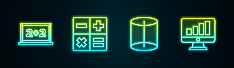 Set line Chalkboard, Calculator, Geometric figure and Computer monitor with graph chart. Glowing neon icon. Vector