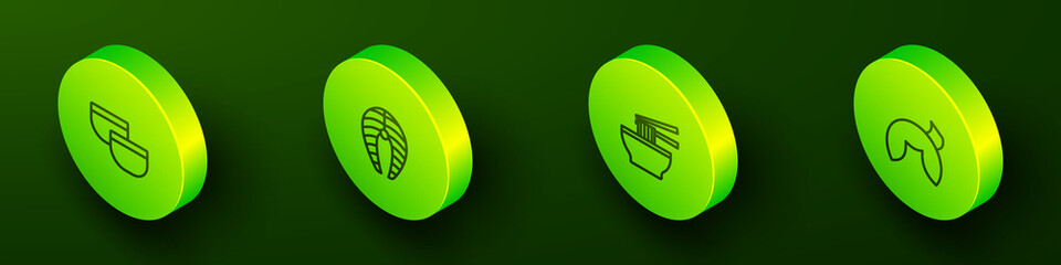 Set Isometric line Chinese tea ceremony, Fish steak, Asian noodles bowl and fortune cookie icon. Vector