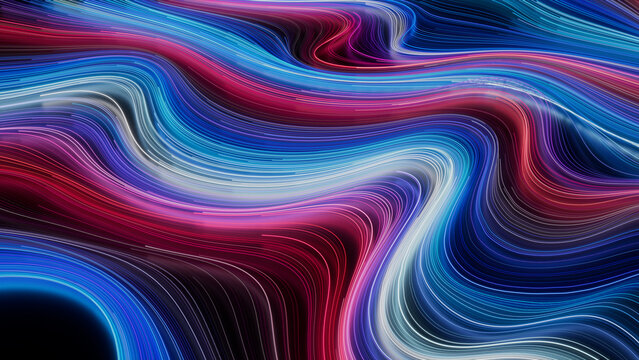 Wavy Neon Lights Background with Blue, Pink and Purple Streaks. 3D Render.