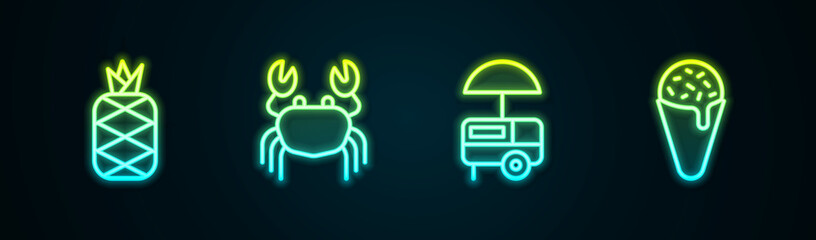 Set line Pineapple, Crab, Fast street food cart and Ice cream waffle cone. Glowing neon icon. Vector