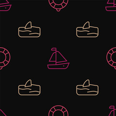Set line Lifebuoy, Shark fin in ocean wave and Yacht sailboat on seamless pattern. Vector