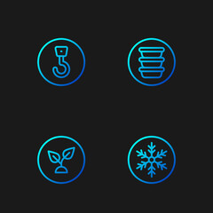 Set line Snowflake, Plant based, Industrial hook and Bowl. Gradient color icons. Vector