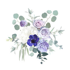 Periwinkle violet anemone, pale purple rose, dusty mauve and lilac hyacinth - obrazy, fototapety, plakaty