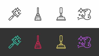 Set line Rubber cleaner for windows, Handle broom, plunger and Sponge on black and white. Vector