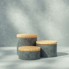 Abstract geometric composition with branch and shadow on the wall -3D render, Cosmetic display stand on brown background.