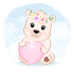 Cute little Bear with pink heart, animal cartoon illustration