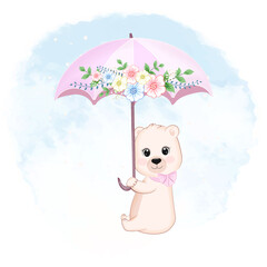 Cute Bear holding an umbrella with a bouquet of flowers