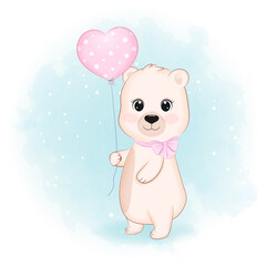 Cute little Bear with pink heart balloon, animal cartoon illustration