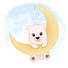 Cute little Bear on the moon animal cartoon illustration