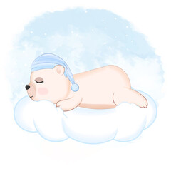 Cute Bear sleeping on the cloud, animal cartoon illustration