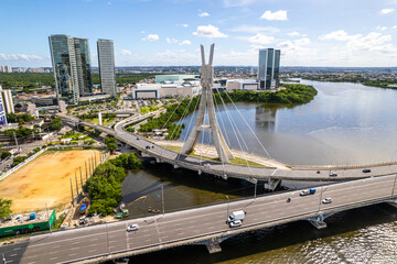 Aerial view of Recife, capital of Pernambuco, Brazil. Enchanted lady Bridge and Capibaribe river.