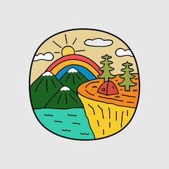 flat design of nature camp sea and mountain cliff for badge patch emblem graphic vector art t-shirt design