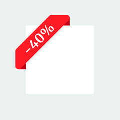 Red Vector corner Ribbon on white background. Discount 40%