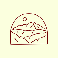Simple line vector illustration of mountains and sun