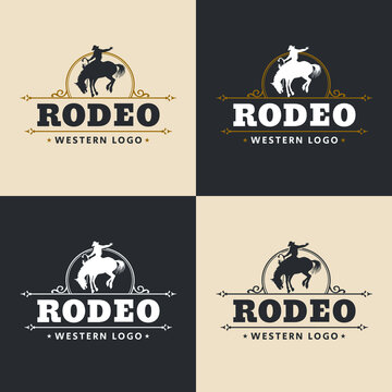 A rodeo logo with western design elements and a silhouette cowboy saddle bronc rider.