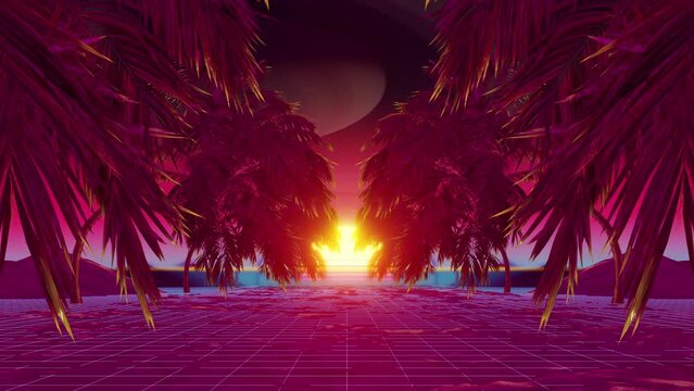 Retro Pattern Palm Trees is motion footage for retro art films and cinematic in cyberpunk 80s scene. Also good background for scene and titles, logos.