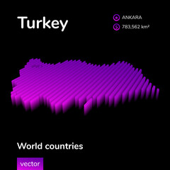 Turkey 3D map. Stylized neon simple digital isometric striped vector Map of Turkey is in violet colors on black background.