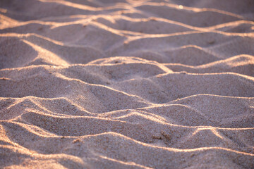 Close up of clean yellow sand surface covering seaside beach illuminated with evening light. Travel and vacations concept