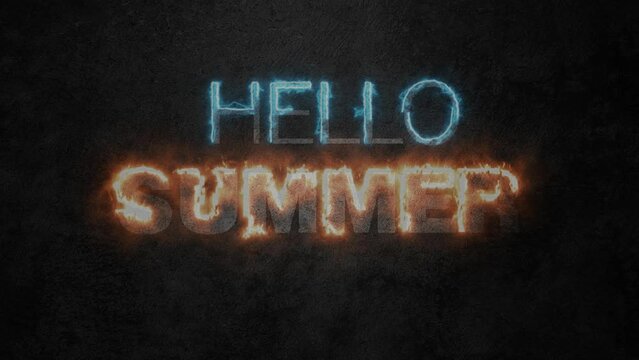 Hello Summer in text realistic fire Animated. Abstract Background black wall in 4k animation.