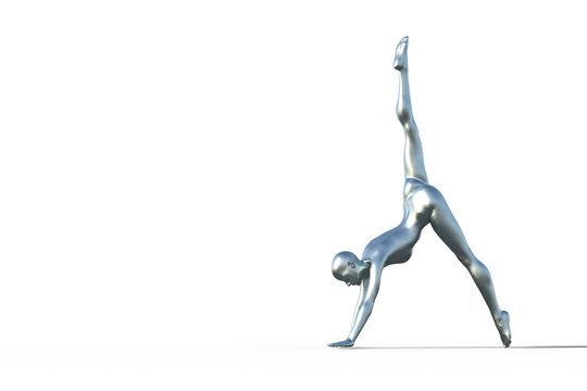 3D render of a silver bald female gymnast on a white background doing a handstand. 