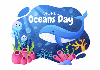 World Ocean Day Cartoon Illustration with Underwater Scenery, Various Fish Animals, Corals and Marine Plants Dedicated to Helping Protect or Preserve