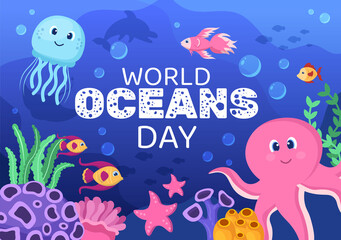 Fototapeta na wymiar World Ocean Day Cartoon Illustration with Underwater Scenery, Various Fish Animals, Corals and Marine Plants Dedicated to Helping Protect or Preserve
