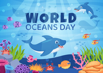 Obraz na płótnie Canvas World Ocean Day Cartoon Illustration with Underwater Scenery, Various Fish Animals, Corals and Marine Plants Dedicated to Helping Protect or Preserve
