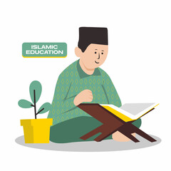 Islamic education illustration of a boy reading a book