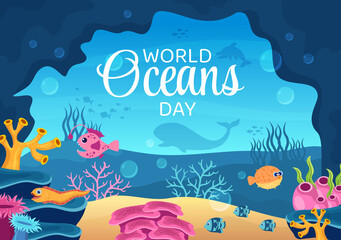 World Ocean Day Cartoon Illustration with Underwater Scenery, Various Fish Animals, Corals and Marine Plants Dedicated to Helping Protect or Preserve
