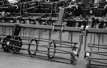 Parts and components of agricultural machines. Plough. Harrow. Cultivator. Fragment.